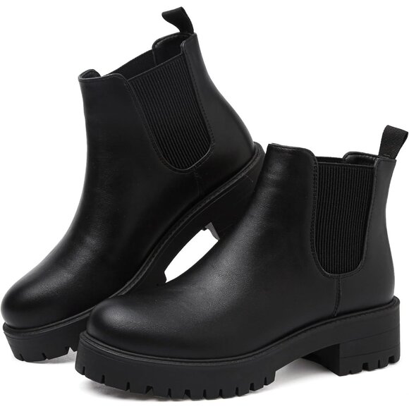 Girls Black Pull-On Fall Chelsea Boots Water-Resistant PU Ankle Heel Boots - Picture 1 of 7